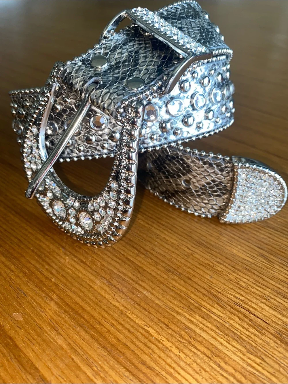 Vintage Chicos Rhinestone & Stud Metallic Snake Skin Western Belt Silver M